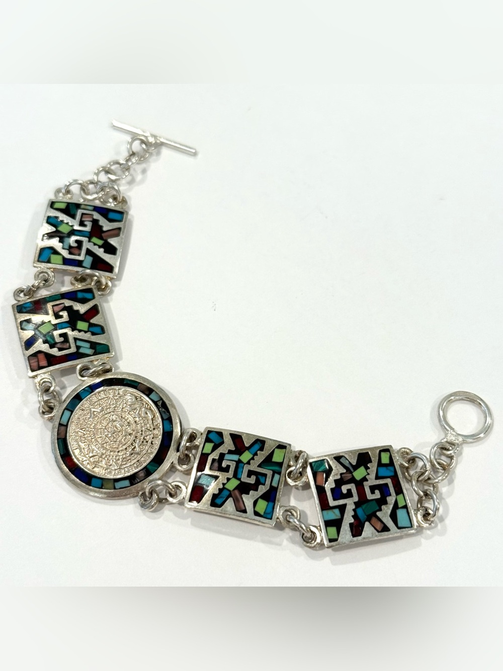 Vintage Mexico 925 Sterling Silver Inlay Toggle Bracelet Aztec Calender 7.5”